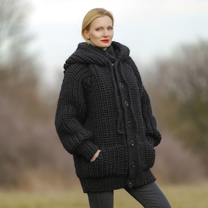 SuperTanya black wool cardigan mega thick sweater chunky ribbed pattern hoodie coat Ready to Ship size XL 3.7 KG image 3