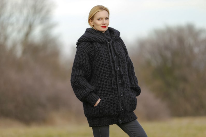 SuperTanya black wool cardigan mega thick sweater chunky ribbed pattern hoodie coat Ready to Ship size XL 3.7 KG image 3