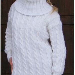 Cable knit wool sweater dress hand knitted turtleneck long pullover by SuperTanya - M size