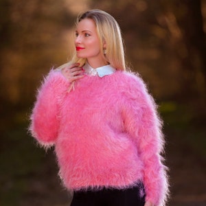 Elegant fuzzy mohair sweater hand knitted stylish jumper fluffy top by SuperTanya Pink