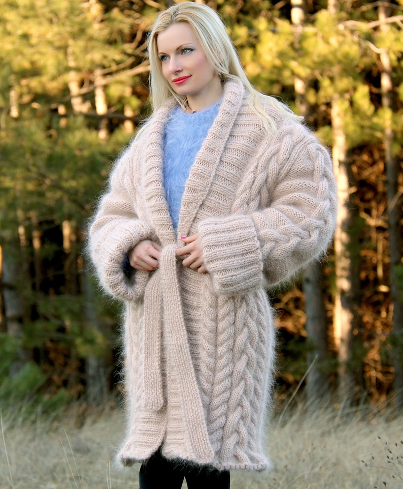 Long Cable Knit Mohair Cardigan Coat Fuzzy Wrap Sweater by Etsy