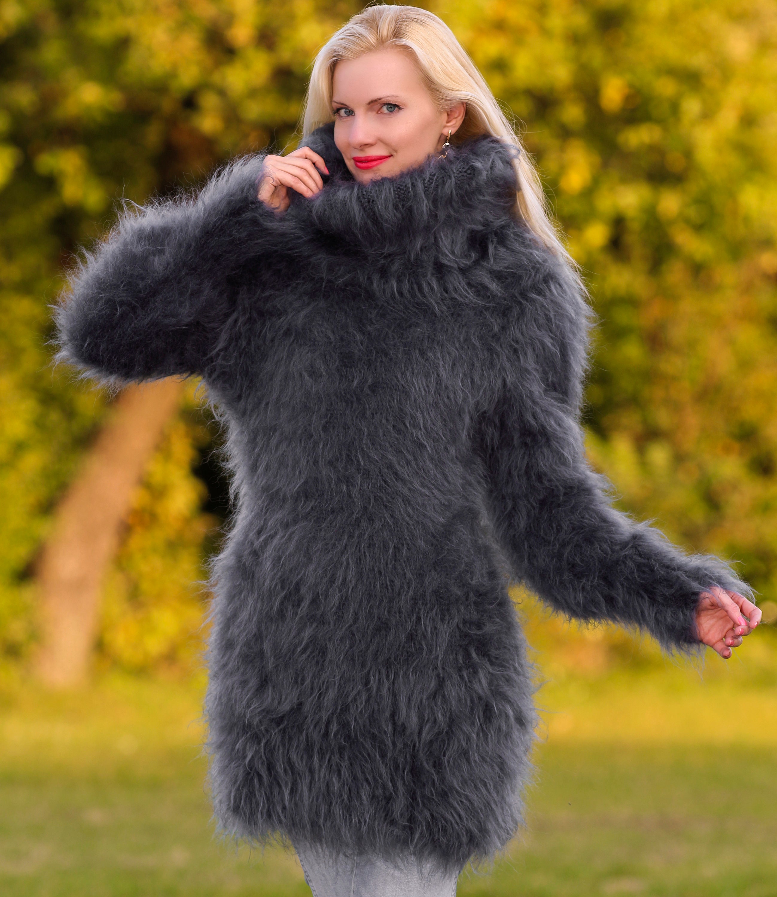Thick Fuzzy Mohair Sweater Dress Hand Knitted Turtleneck Fuzzy