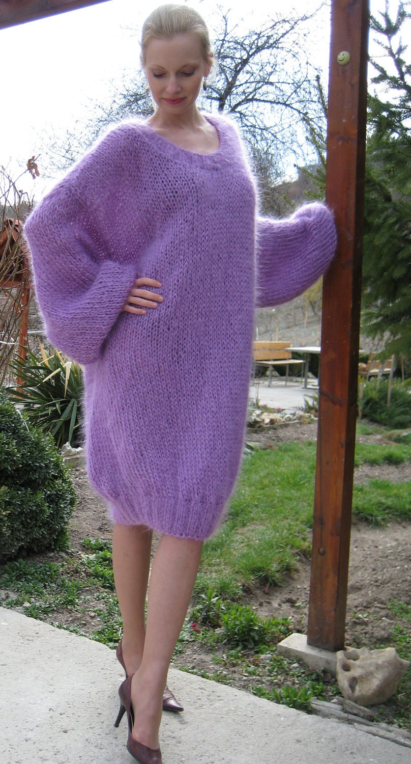Purple Slouchy Mohair Sweater Dress Hand Knitted Fuzzy Mohair Long