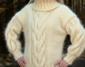 Made to order hand knitted mohair sweater in ivory off white with tightly fitted turtleneck by SuperTanya