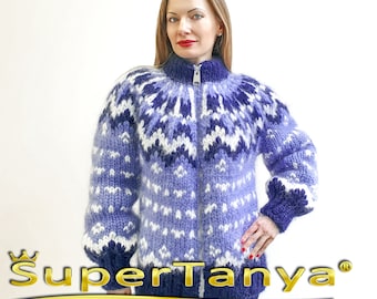 May include: A blue and white knitted cardigan with a zipper closure. The cardigan features a traditional Norwegian pattern and is made of soft, fluffy yarn.