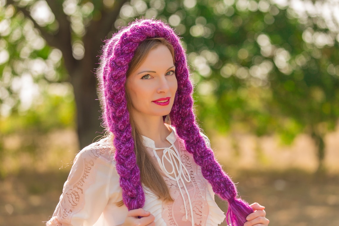 Designer Cable Knit Hat With Braids Hand Knitted Unique Wool Etsy