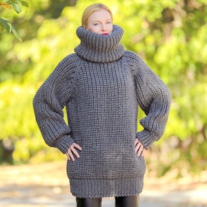 SuperTanya gray ribbed wool sweater with extra long turtleneck ready to ship L-XL size image 2