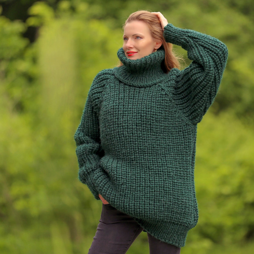 Thick Green Wool Sweater Hand Knit Jumper Ribbed Soft - Etsy