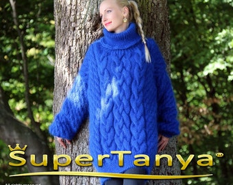 Made to order pullover hand knitted mohair sweater, royal blue cables knit jumper by SuperTanya