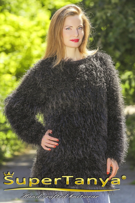 Fuzzy Black Pullover Hand Knitted Eyelash Sweater by Supertanya 