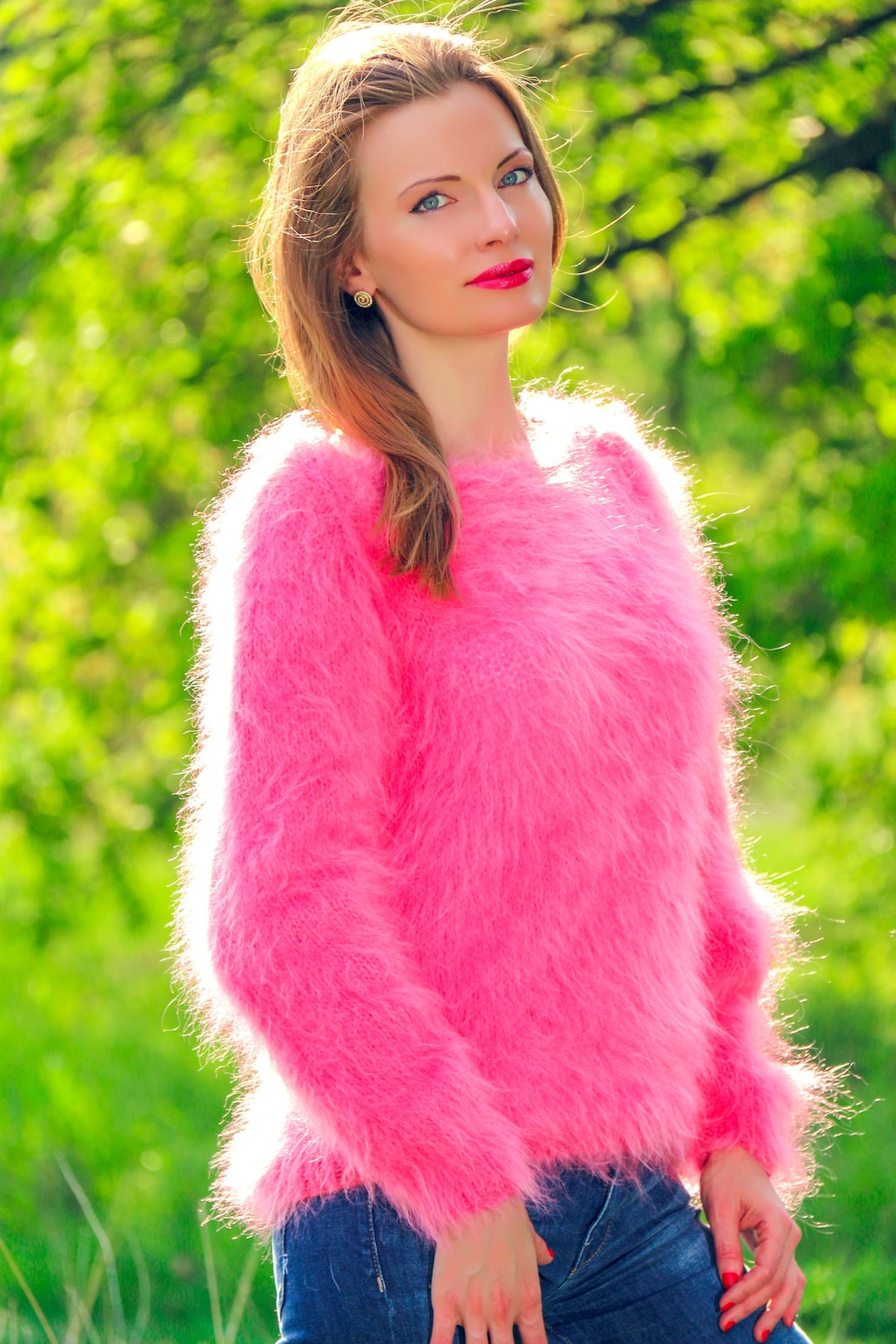Supertanya Pink Summer Sweater Hand Knitted Light Mohair Top Sexy