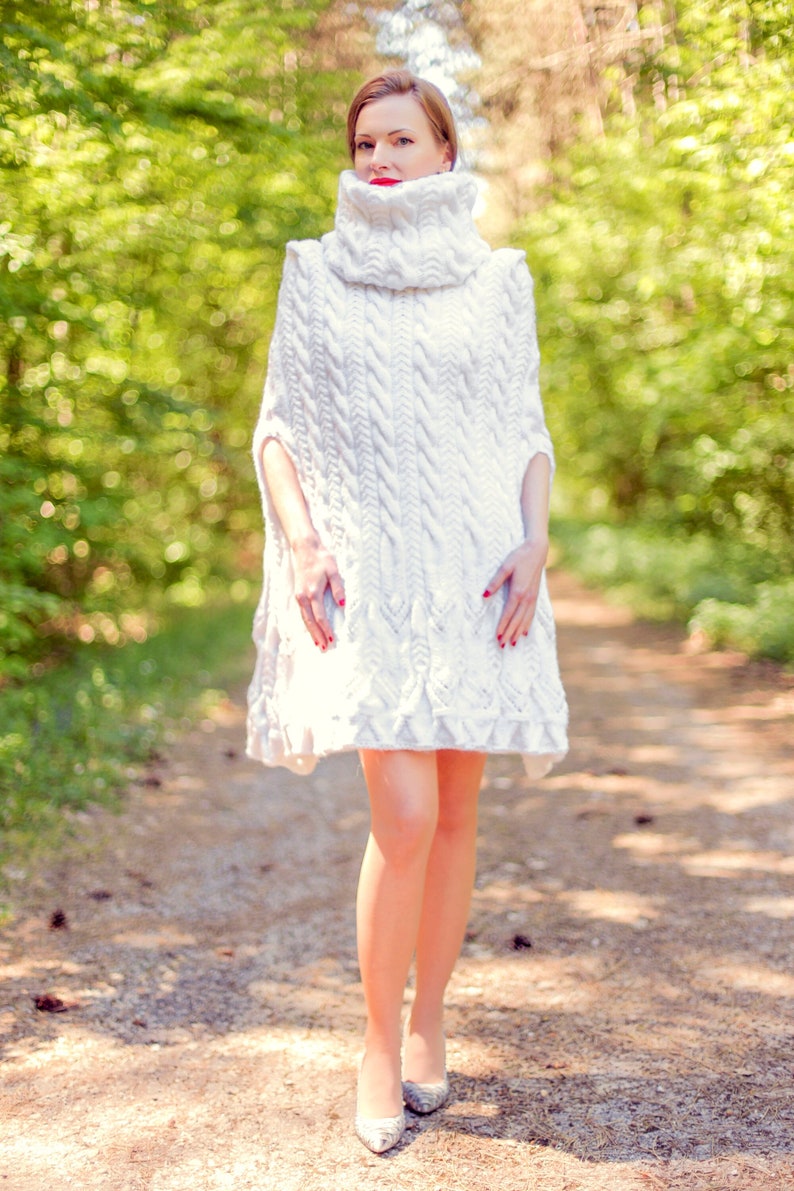 Ready to ship Luxurious white poncho wedding sweater cable knit soft wool cape SuperTanya image 1