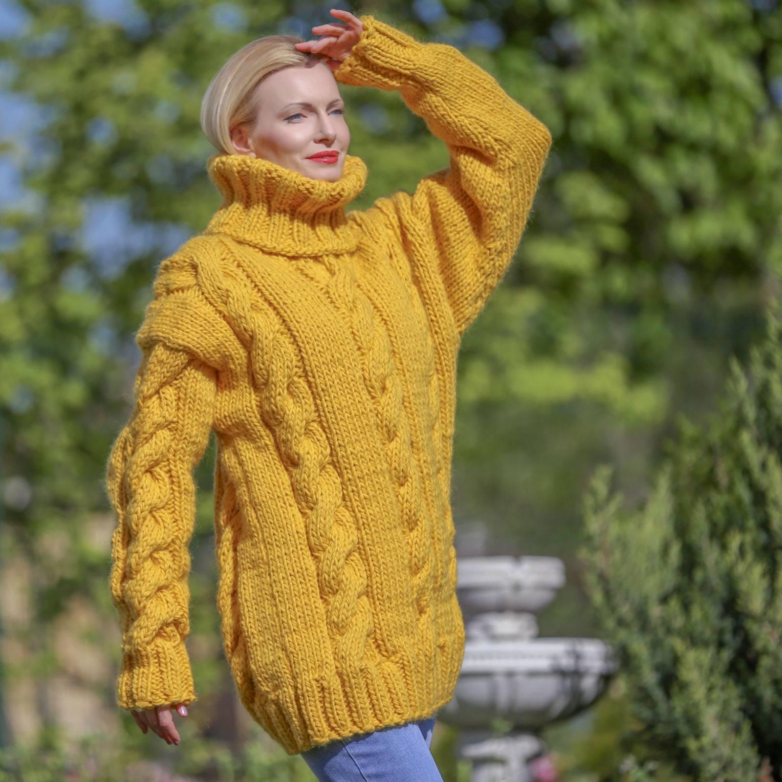 Hand Knitted Thick Yellow Wool Sweater With Turtleneck, Ready to