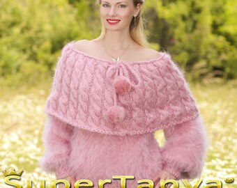 Cowlneck fuzzy thick sweater hand knitted fuzzy mohair sweater designed by SuperTanya
