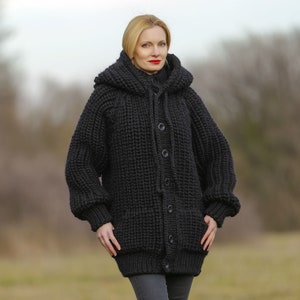 SuperTanya black wool cardigan mega thick sweater chunky ribbed pattern hoodie coat Ready to Ship size XL 3.7 KG image 8