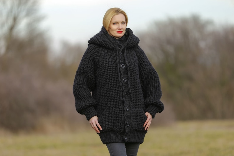 SuperTanya black wool cardigan mega thick sweater chunky ribbed pattern hoodie coat Ready to Ship size XL 3.7 KG image 8