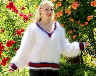 V neck fuzzy mohair sweater hand knitted thick handmade warm pullover by SuperTanya