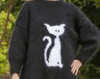 Handmade cat sweater black pullover with white kitty by SuperTanya