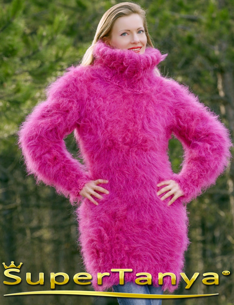Custom made beautiful thick and fuzzy hand knitted pink purple melange mohair sweater dress by SuperTanya