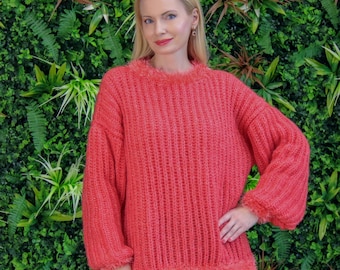 Red coral merino wool sweater, super soft oversized ribbed knit with fuzzy trim, SuperTanya luxury knitwear, Ready to Ship, One size