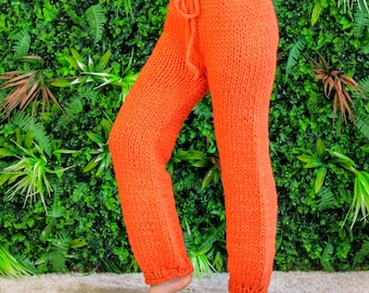 Orange Wool Pants, 100% Chunky Wool Hand Knitted Trousers, Warm Cozy Knit Pants, Handmade Luxury Knitwear, Ready to ship, size M-L