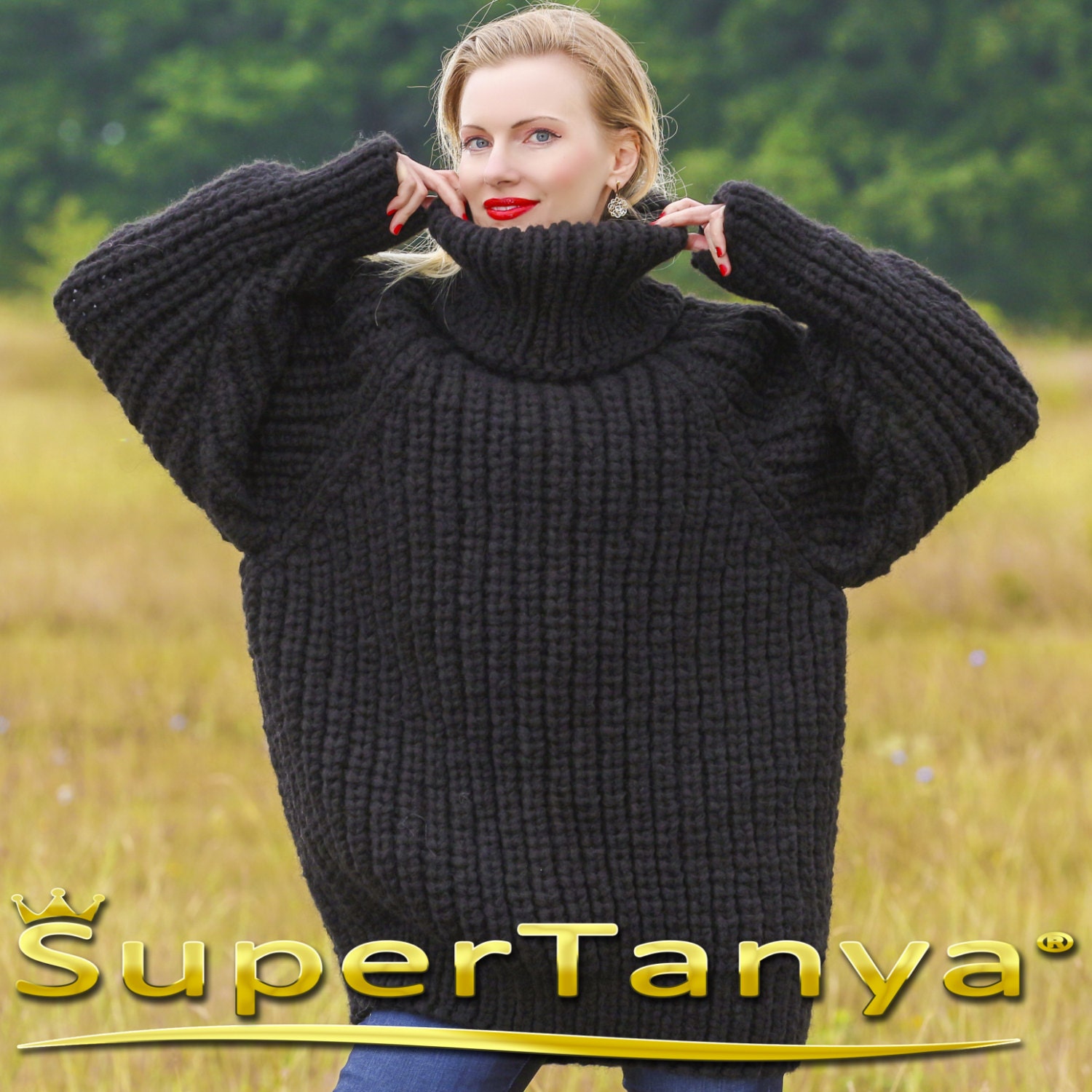 Thick Handmade Wool Sweater Ribbed Soft Turtleneck Pullover by