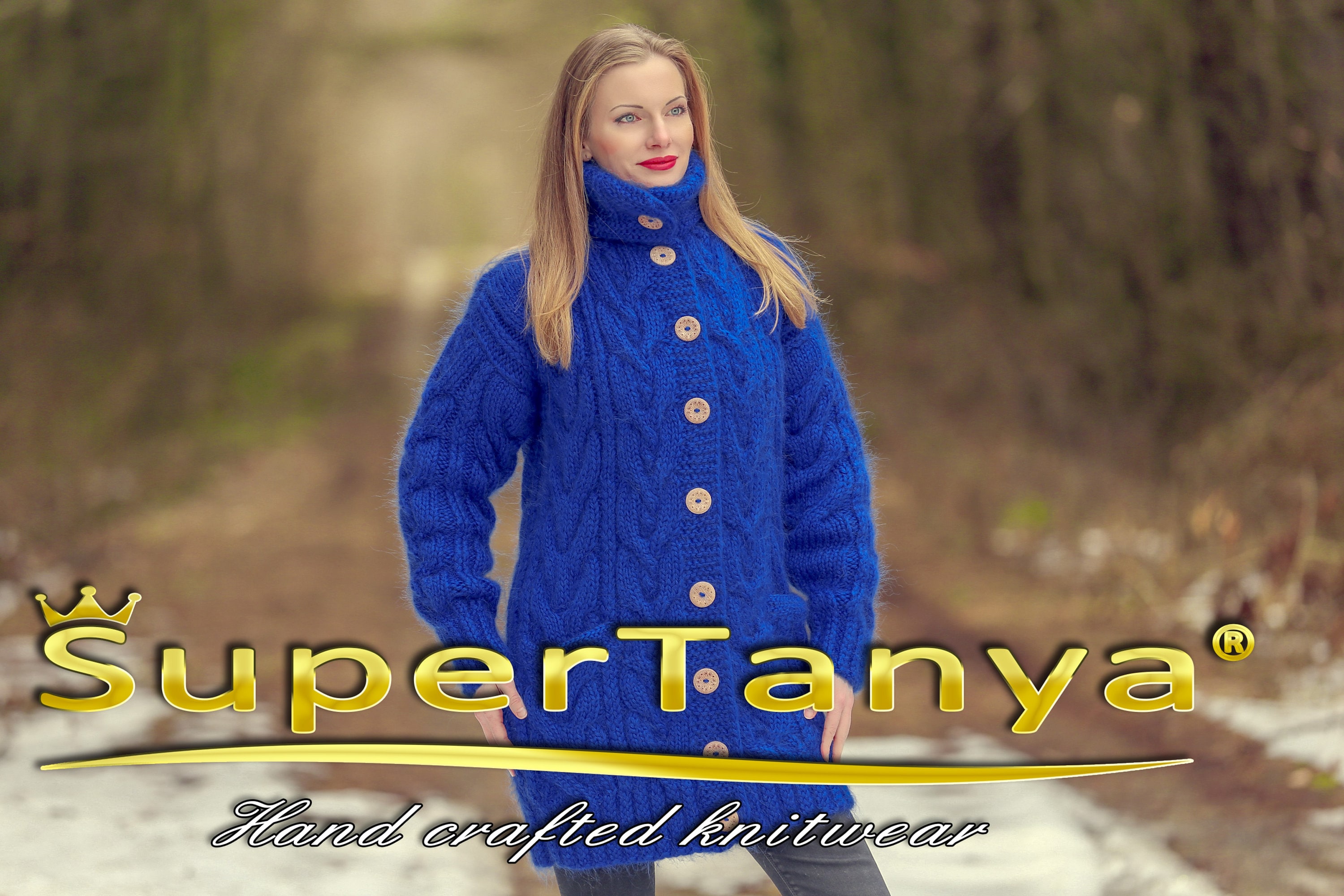 Blue Mohair Cardigan Long Sweater Jacket Designer Knitted Coat