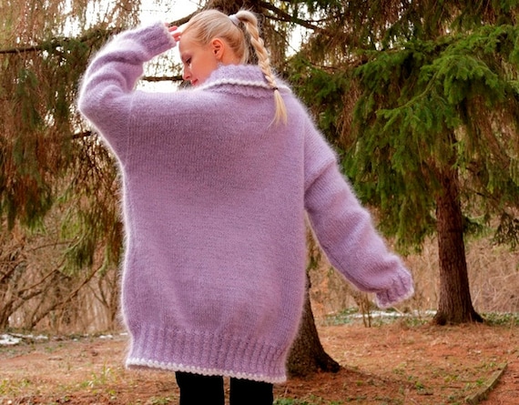 Purple Lavender Mohair Cardigan Hand Knitted Long Sweater