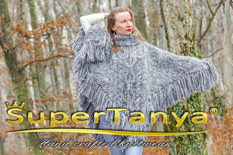 Grey wool poncho hand knitted designer wool sweater cape with fringes by SuperTanya