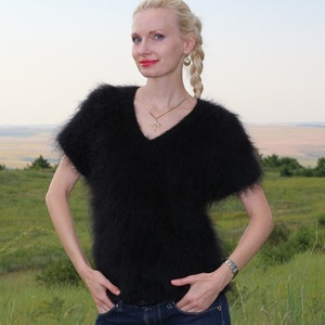 Fuzzy mohair trui V-hals korte mouwen handgebreid fuzzy top van SuperTanya
