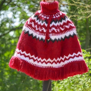Red Nordic mohair poncho mega thick heavy hand knit turtleneck mohair poncho