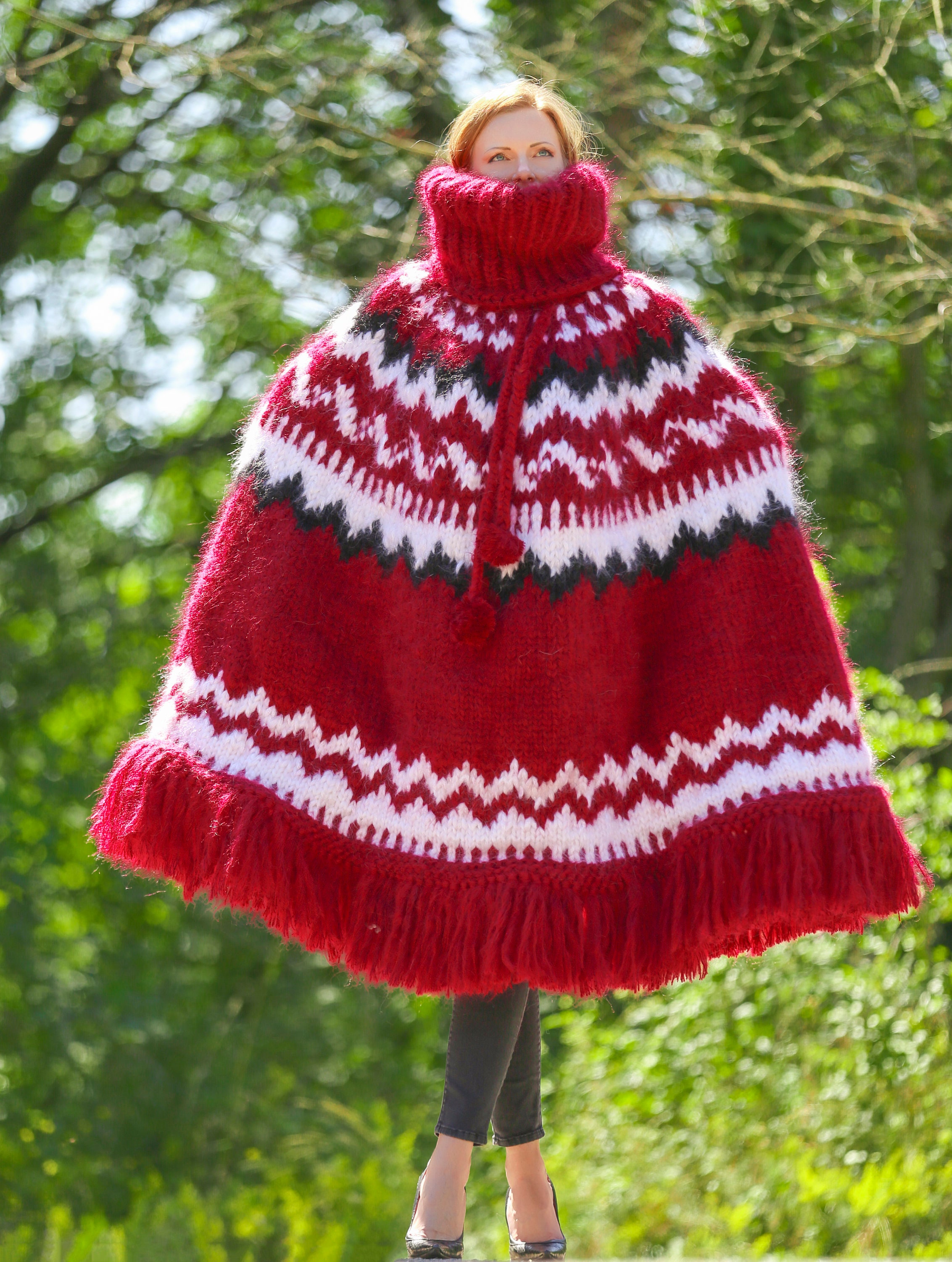 Red Nordic Mohair Poncho Mega Thick Heavy Hand Knit Turtleneck