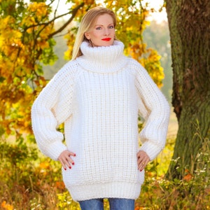 White thick wool sweater ribbed chunky SuperTanya handknit winter pullover, ready to ship, size L-XL