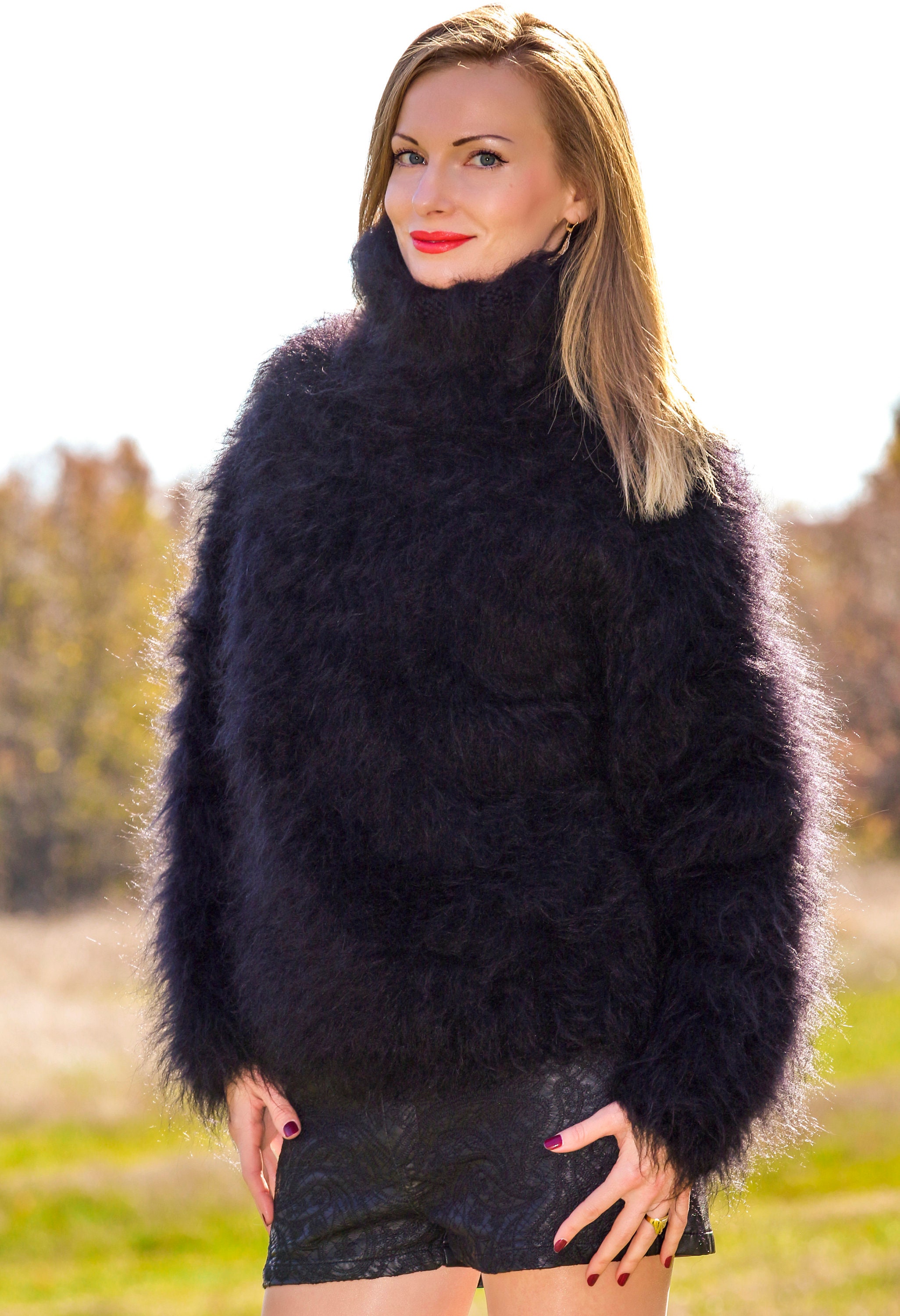 Handmade Turtleneck Soft Fuzzy Mohair Sweater Hand Knitted Thick