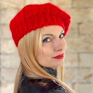 SuperTanya red mohair beret chic beanie hat hand knitted fuzzy hat, one size, ready to ship