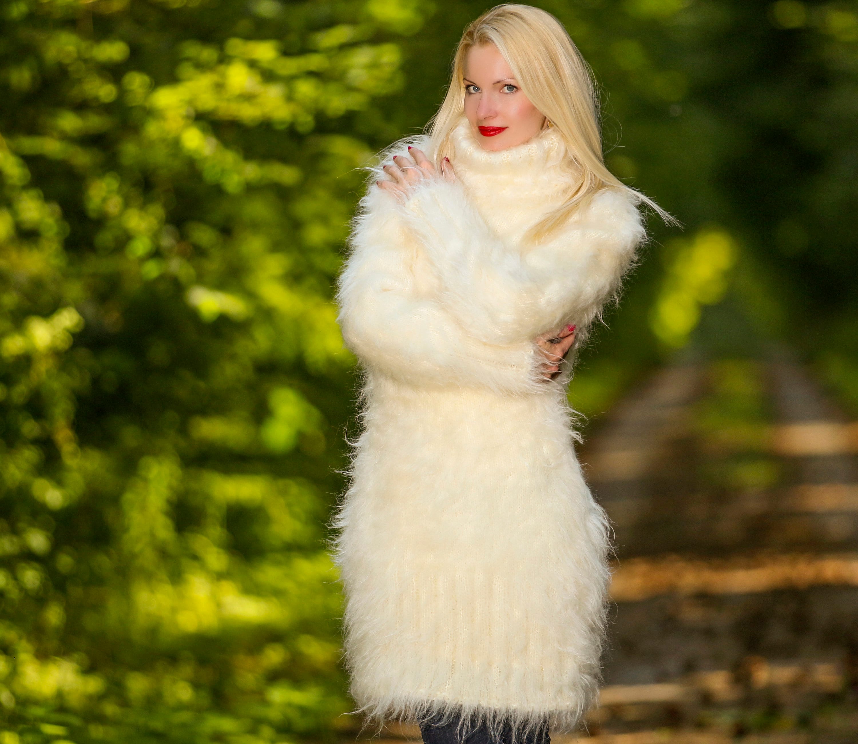 Thick Fuzzy Mohair Sweater Dress Hand Knitted Turtleneck Fuzzy