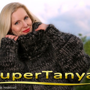 10 strands mega thick and fuzzy hand knit mohair sweater, unisex handgestrickte pullover in black gray stone melange by SuperTanya