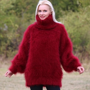 Thick fuzzy mohair sweater hand knitted pullover turtleneck jumper by SuperTanya