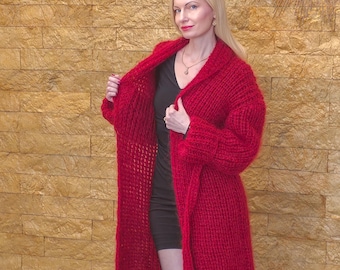 Red shawl collar cardigan fuzzy handmade slouchy knit bathrobe - Ready to Ship M-L size