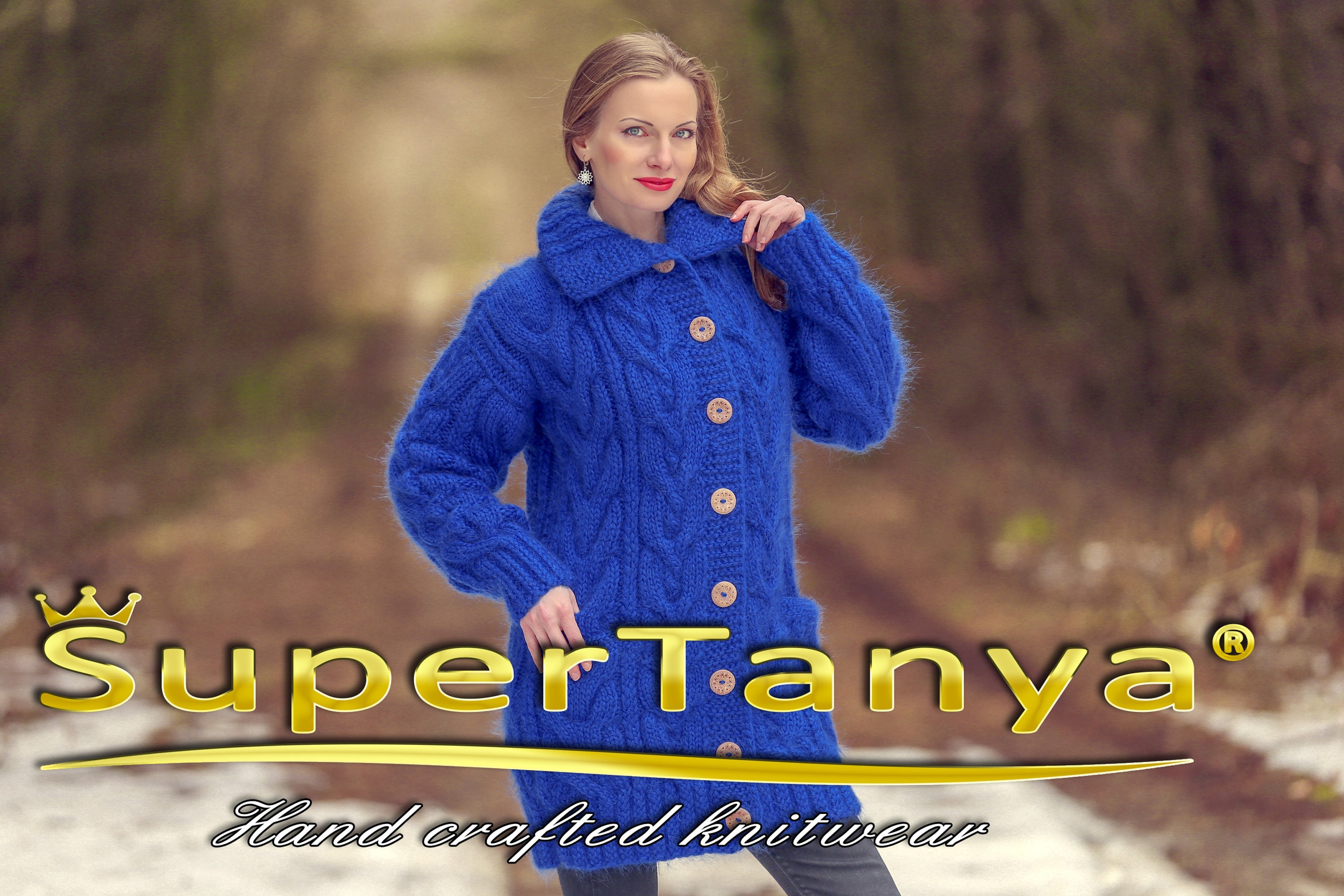 Blue Mohair Cardigan Long Sweater Jacket Designer Knitted Coat