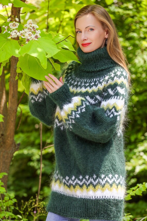 Pull En Mohair Tricoté Main Islandais - Taille L, Jaune/brun, Col Roulé - Neuf Avec étiquettes SuperTanya