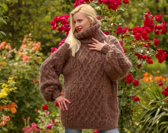 Handmade brown Aran pullover thick ski hand knitted crewneck sweater by SuperTanya, ready to ship, size XL