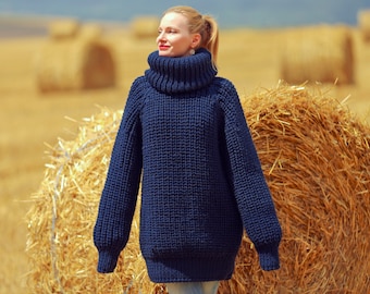 Thick blue wool sweater with extra long turtleneck ribbed ski pullover - ready to ship - L - XL size
