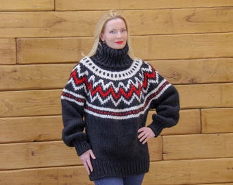 Black hand knitted wool sweater with Nordic pattern SuperTanya designer knitwear, ready to ship, size XL-XXL