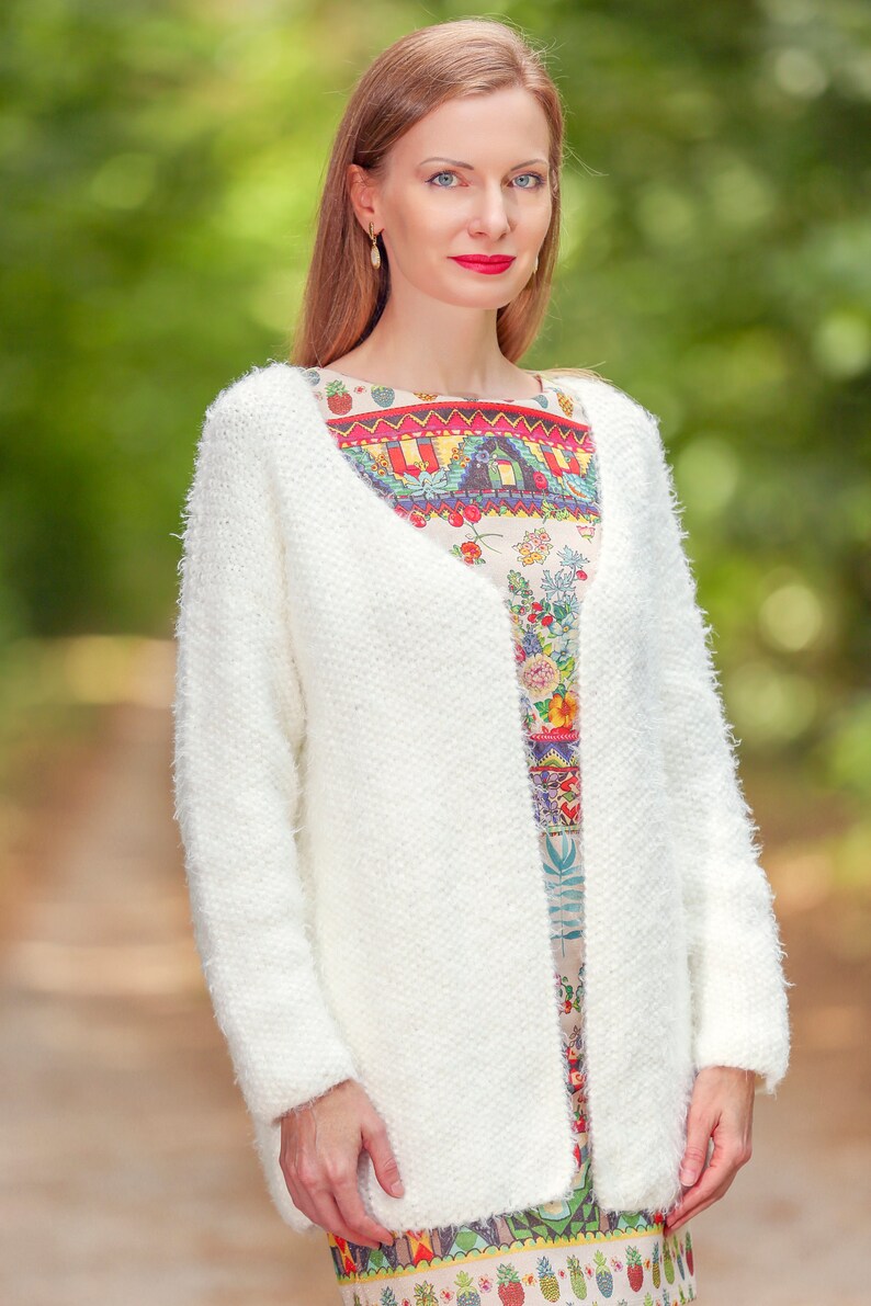 Elegant white wedding fluffy cardigan bridal fuzzy sweater hand knitted warm coatigan by SuperTanya image 5