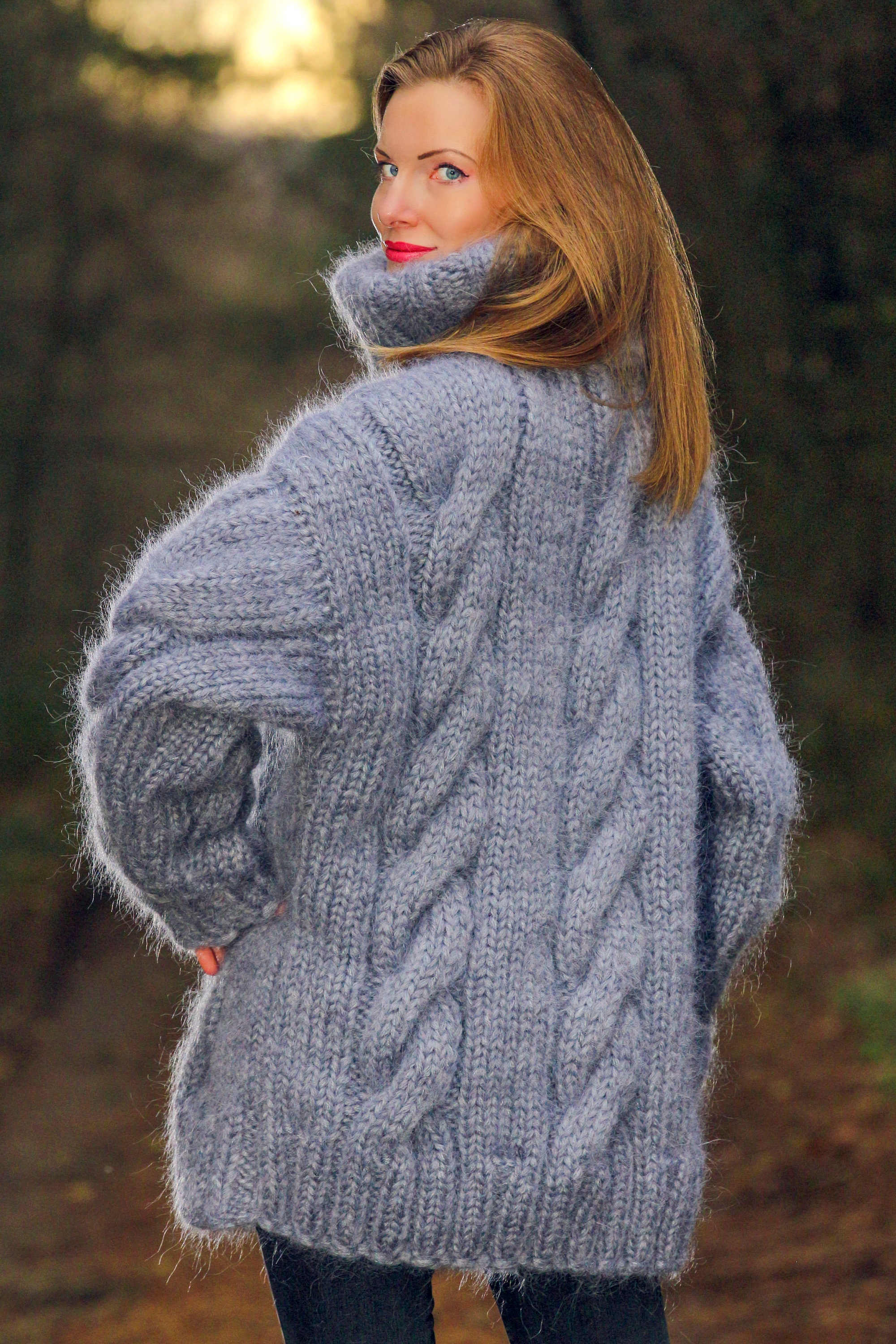 Thick Cable Knit Sweater Hand Knitted With 6 Strands Fuzzy Mohair