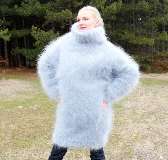 Extra Fuzzy Turtleneck Mohair Sweater Hand Knitted Long Pullover