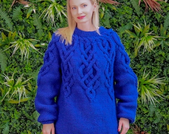 100% wool sweater, hand knitted cable knit sweater, thick warm pullover, blue wool sweater, SuperTanya, ready to ship, size L-XL, SALE