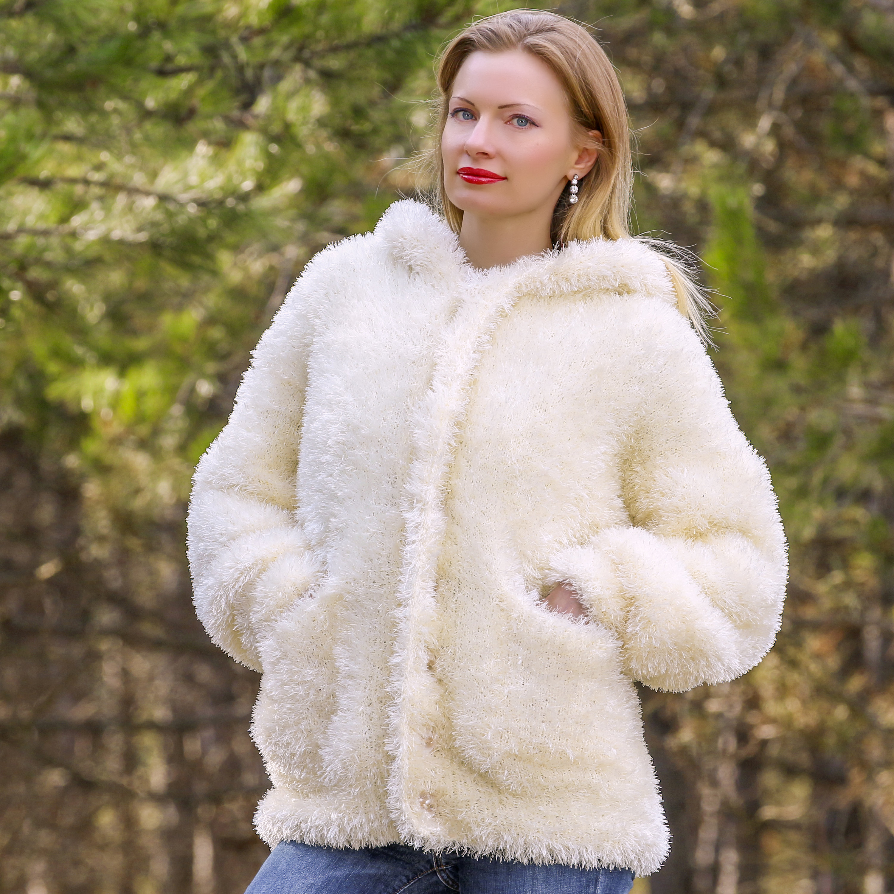 Ivory Fuzzy Knit Hooded Jacket - Cozy Winter Coat - Etsy