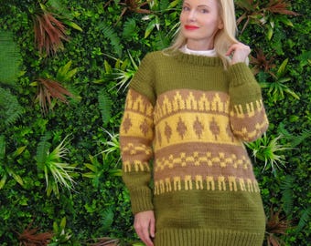 Jersey de lana verde tejido a mano con estampado nórdico noruego, listo para enviar, de la marca SuperTanya, talla unisex S-M.